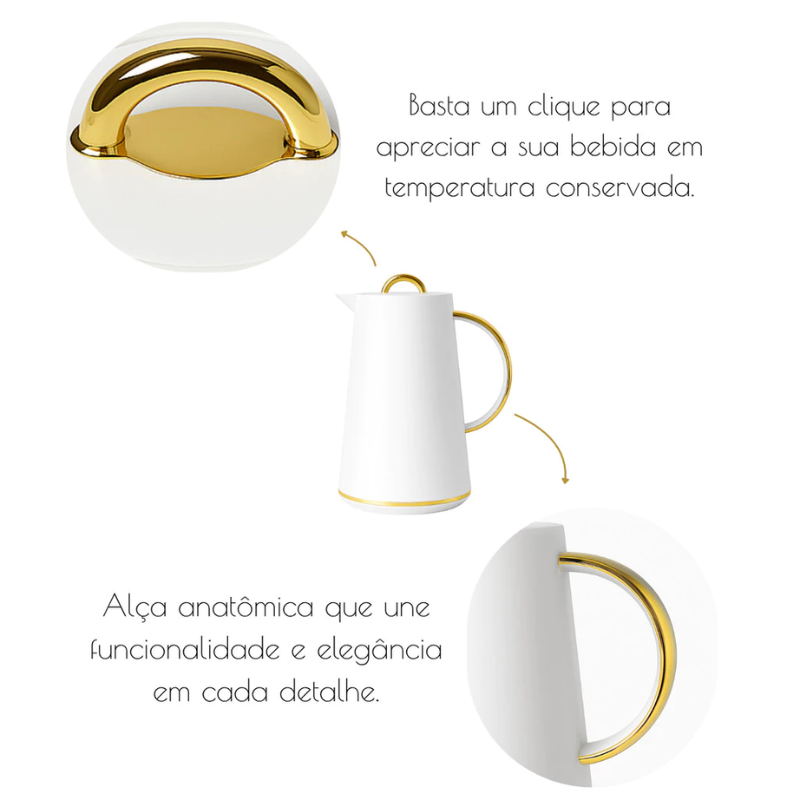 Garrafa Térmica de Café Dinamarquesa - Branca e Dourada 1L