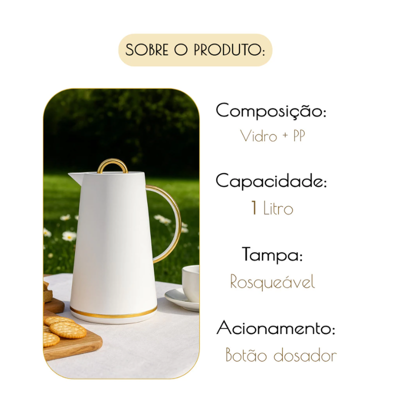 Garrafa Térmica de Café Dinamarquesa - Branca e Dourada 1L