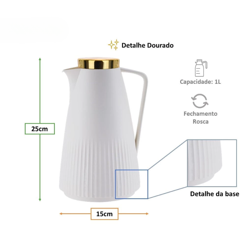Garrafa Térmica de Café Roma - Branca e Dourada 1L