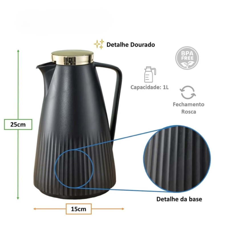 Garrafa Térmica de Café Roma - Preta e Dourada 1L