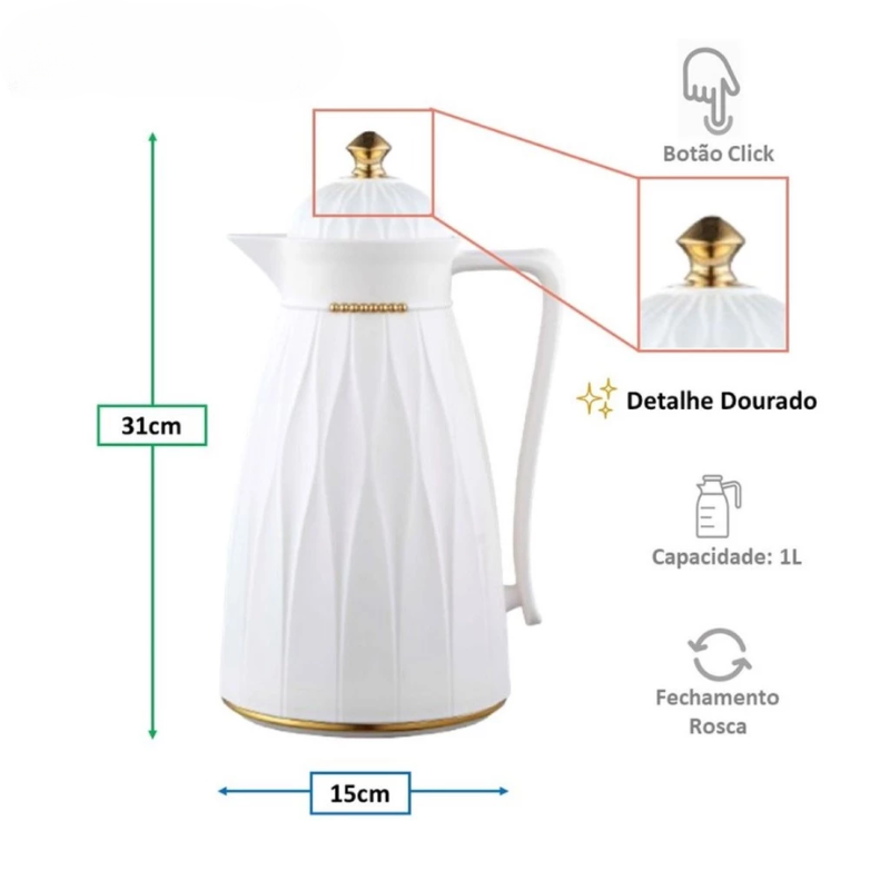 Garrafa Térmica de Café Paris - Branca e Dourada 1L [BLACK FRIDAY 2025]