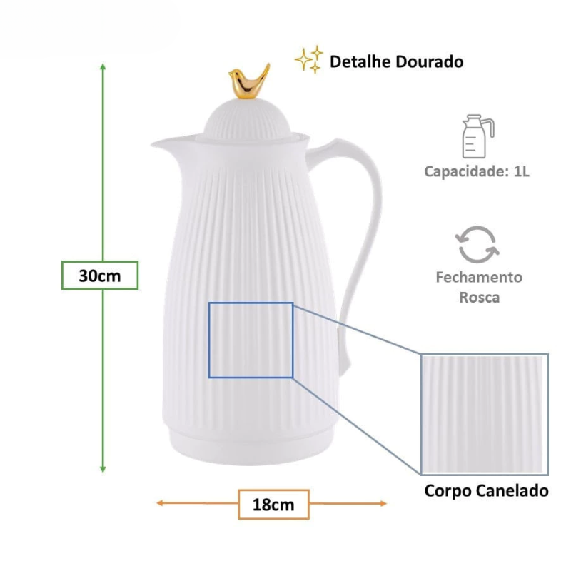Garrafa Térmica de Café Veneza - Branca e Dourada 1L