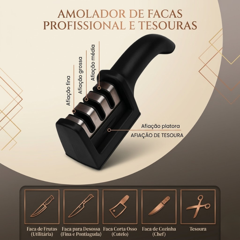 Afiador e Amolador de Facas Profissional 3 em 1 com Base Antiderrapante