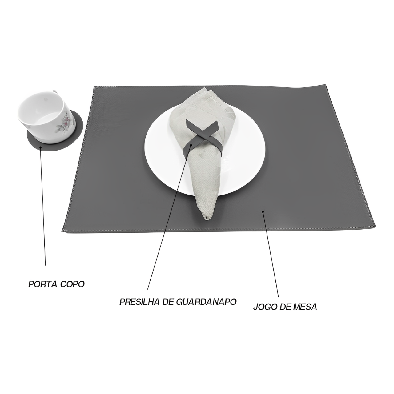 Jogo Americano Contemporâneas Couro PU Retangular Cinza