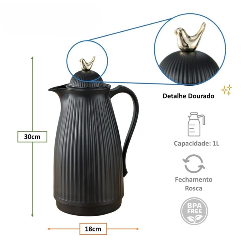 Garrafa Térmica de Café Veneza - Preta e Dourada 1L