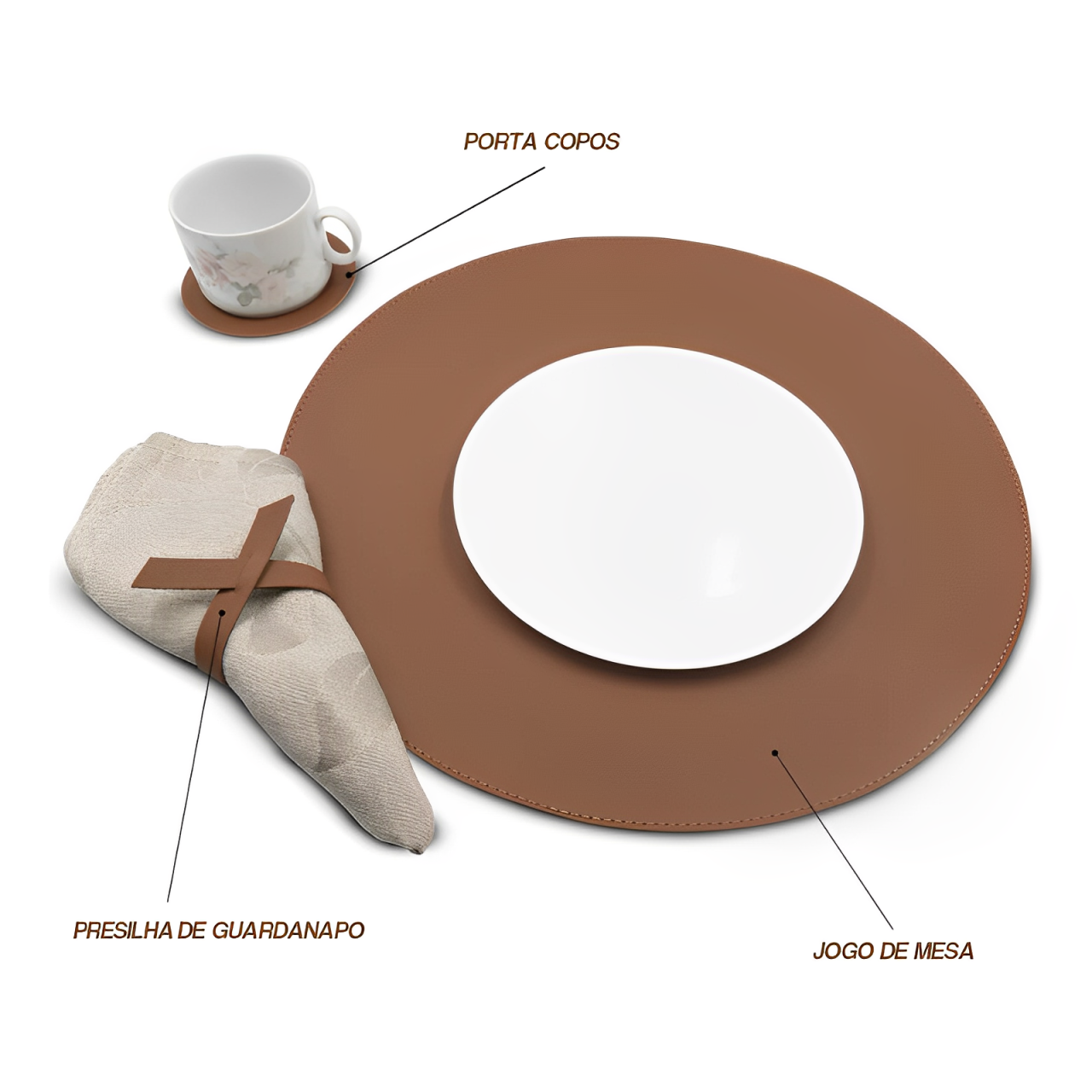 Jogo Americano Contemporâneas Couro PU Redondo Marrom