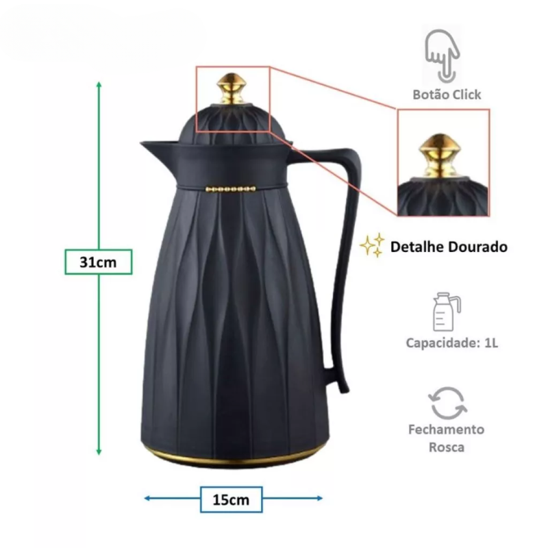 Garrafa Térmica de Café Paris - Preta e Dourada 1L