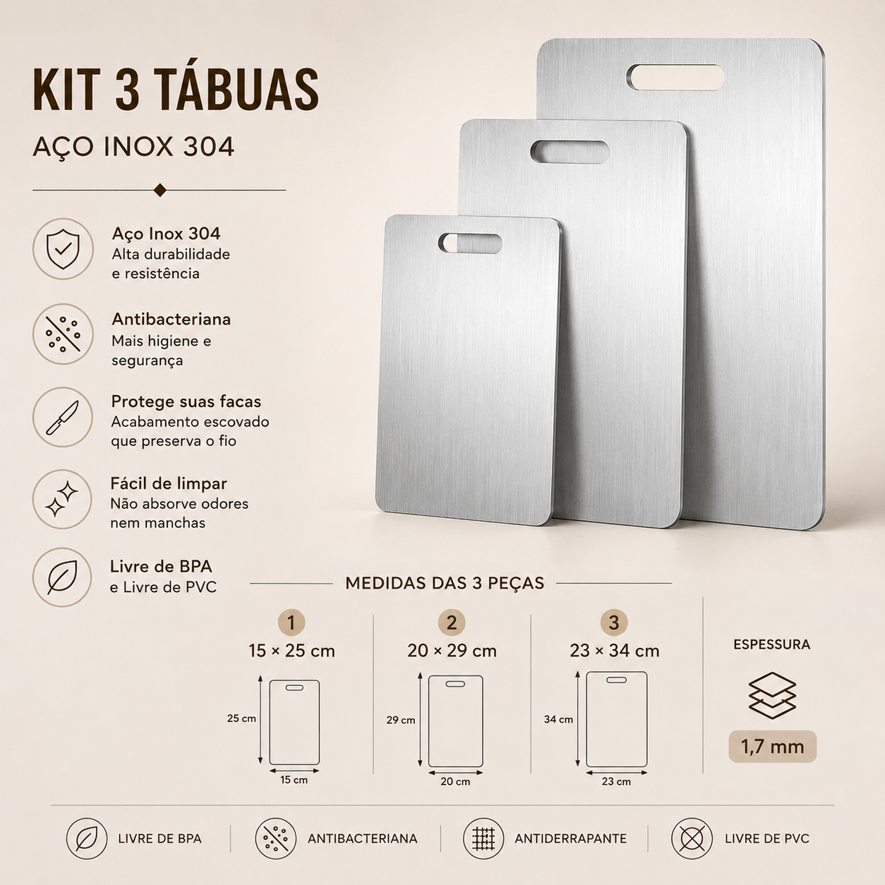 Kit 3 Tábuas de Corte de Inox [Oferta Dia dos pais]