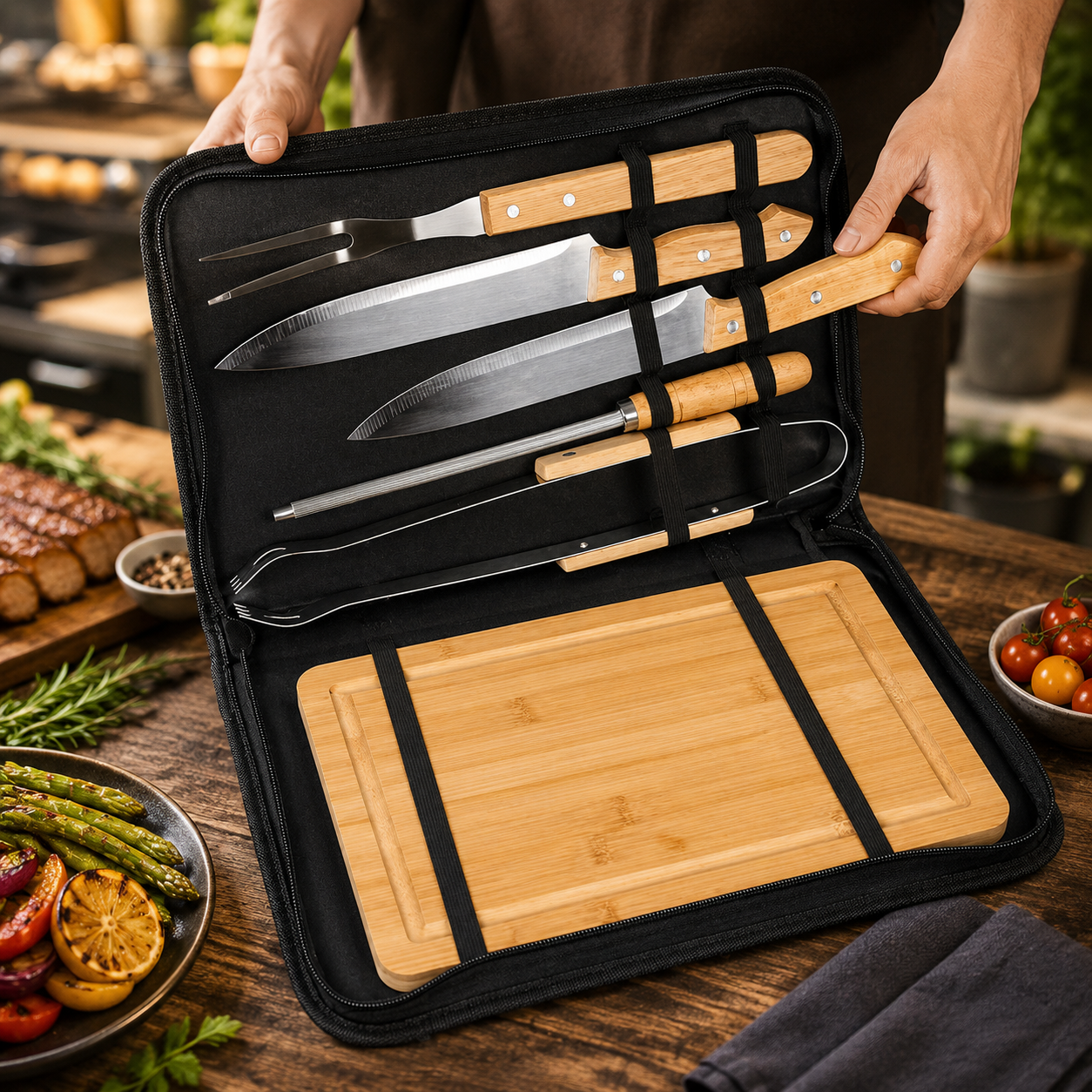 Maleta Churrasco 6 Peças com Facas e Utensílios