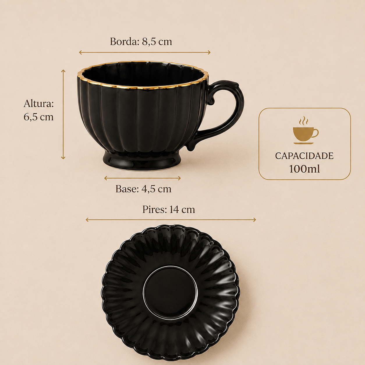 Xícaras de Café Ônix com Borda Dourada 100ml