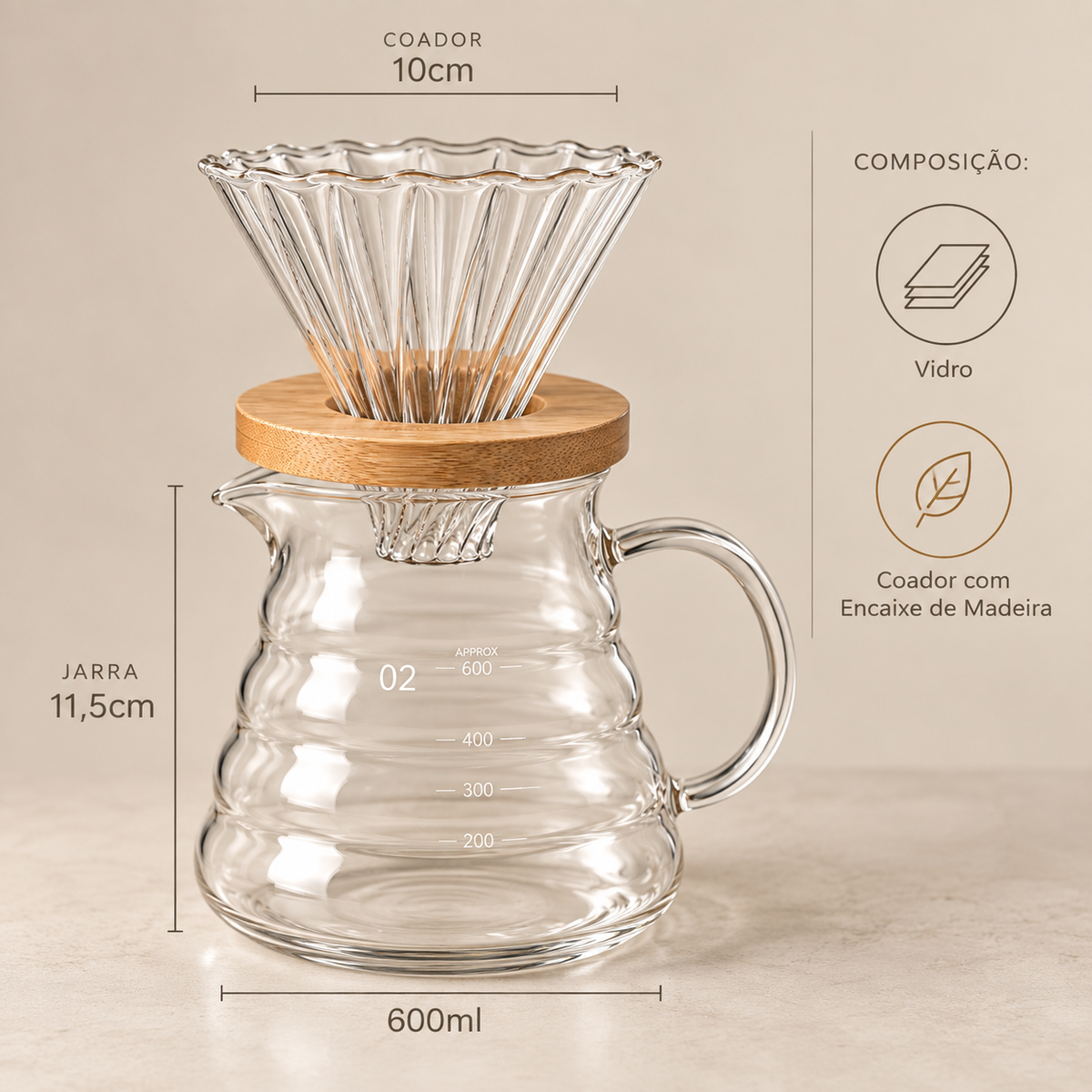 Kit para Café Coado Bellagio com Jarra e Coador de Vidro