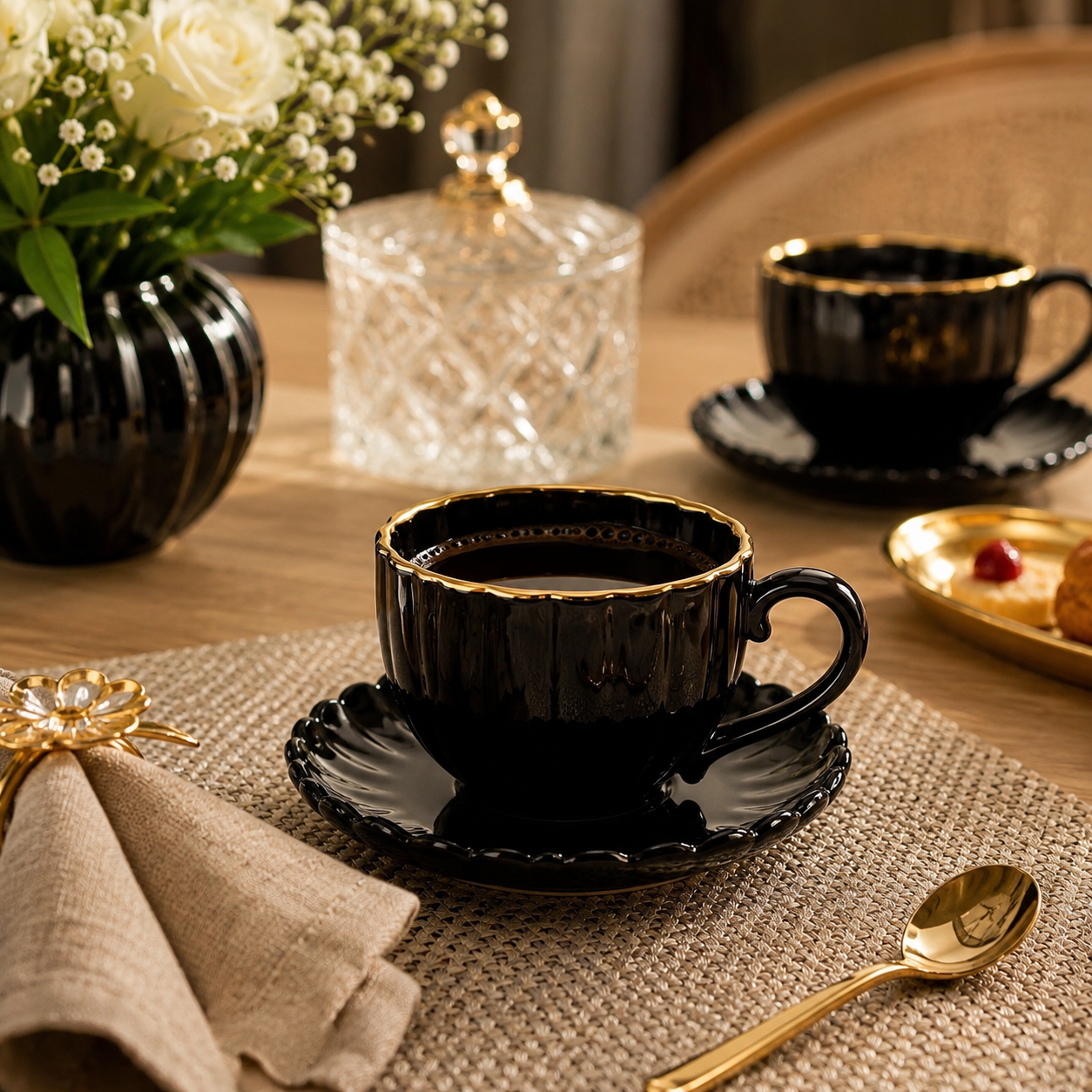Xícaras de Café Ônix com Borda Dourada 100ml