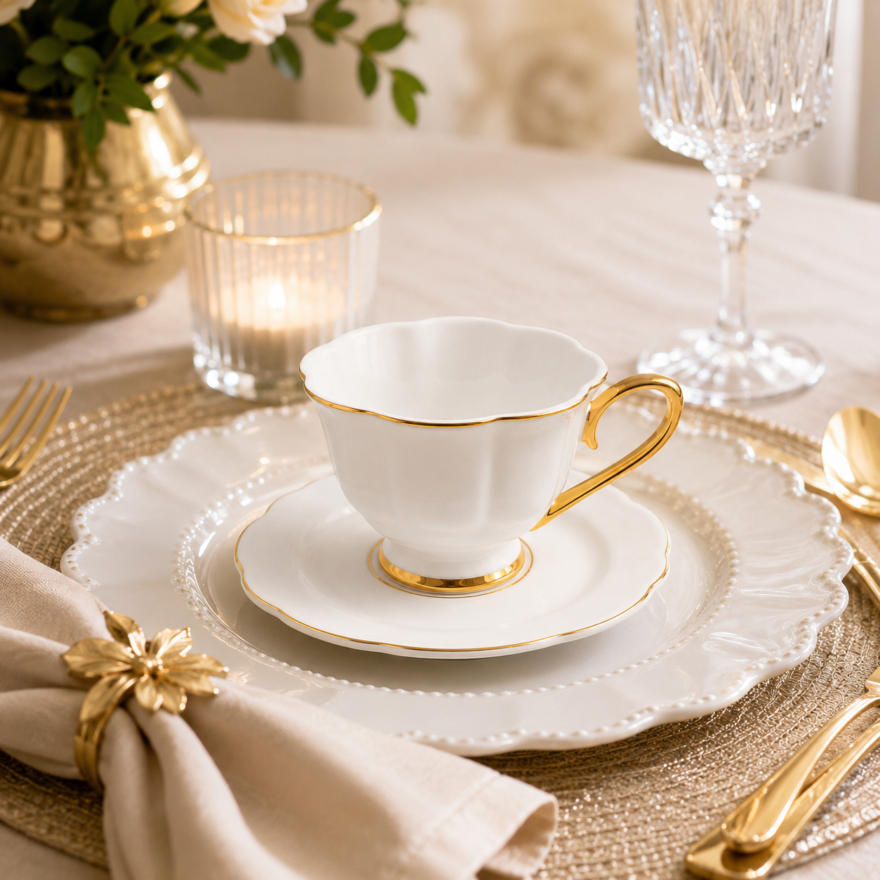 Xícaras de Café Serena em Porcelana com Fio Dourado