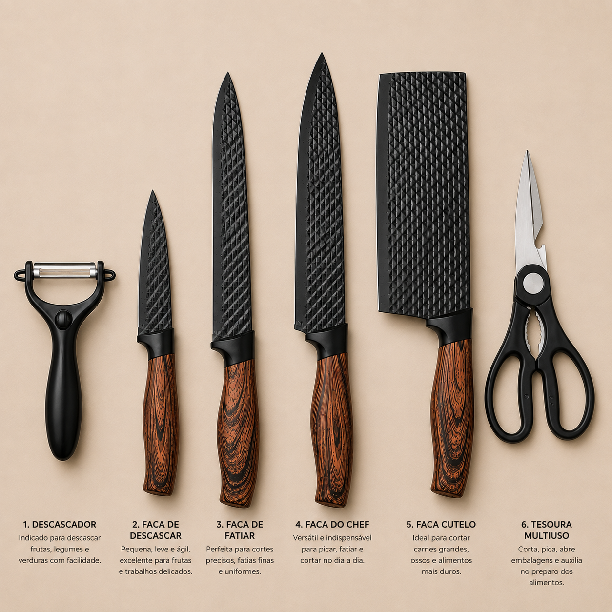 Conjunto de Facas e Utensílios Inox Texturizado 6 Peças