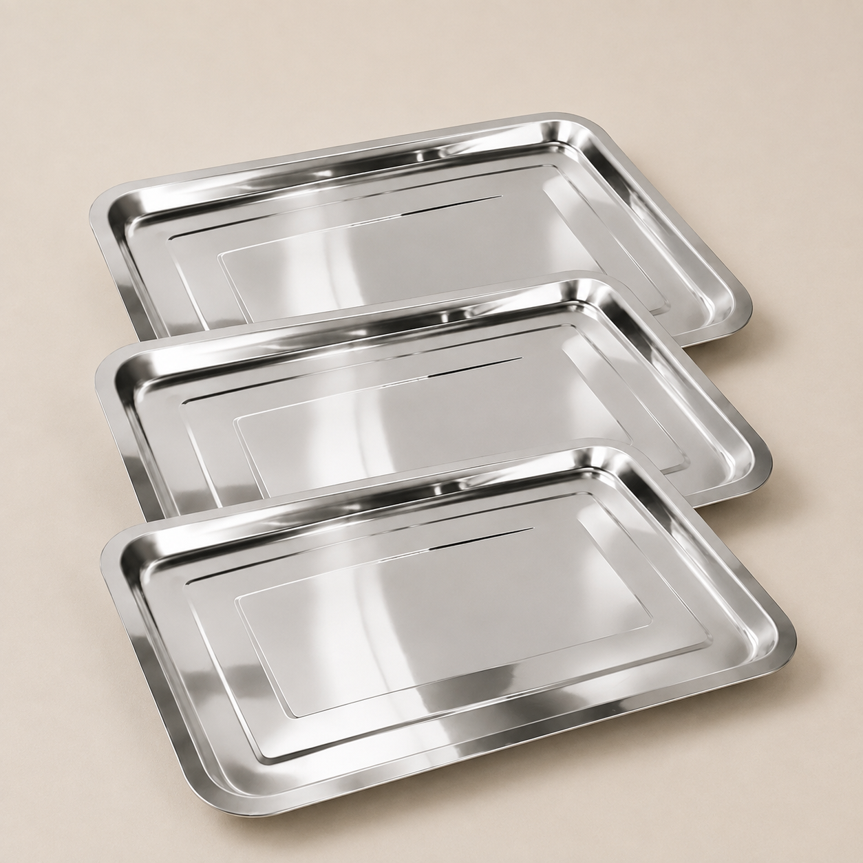 Kit 3 Bandejas Retangulares em Inox para Churrasco e Mesa Posta