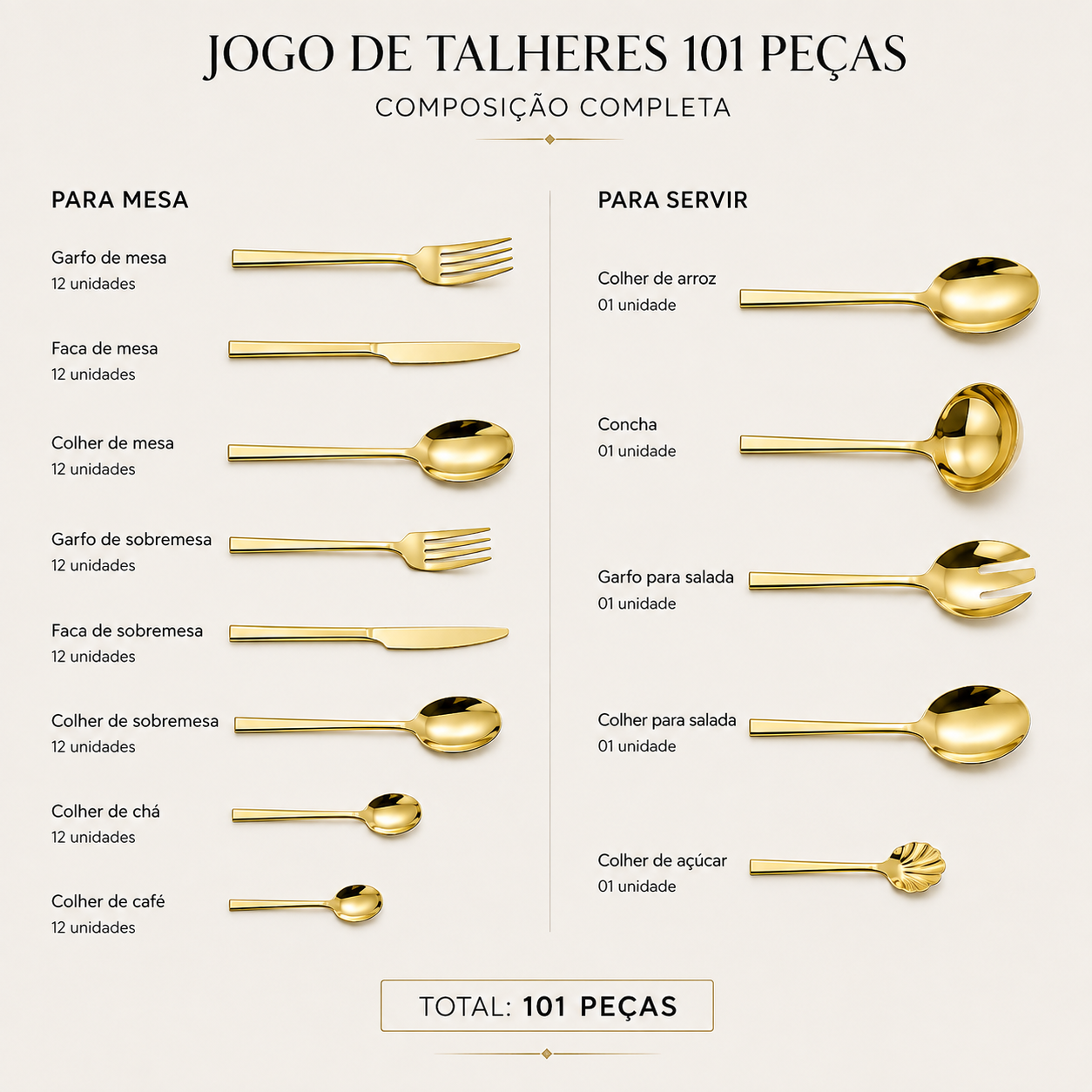 Jogo de Talheres Maia 101 Peças Dourado