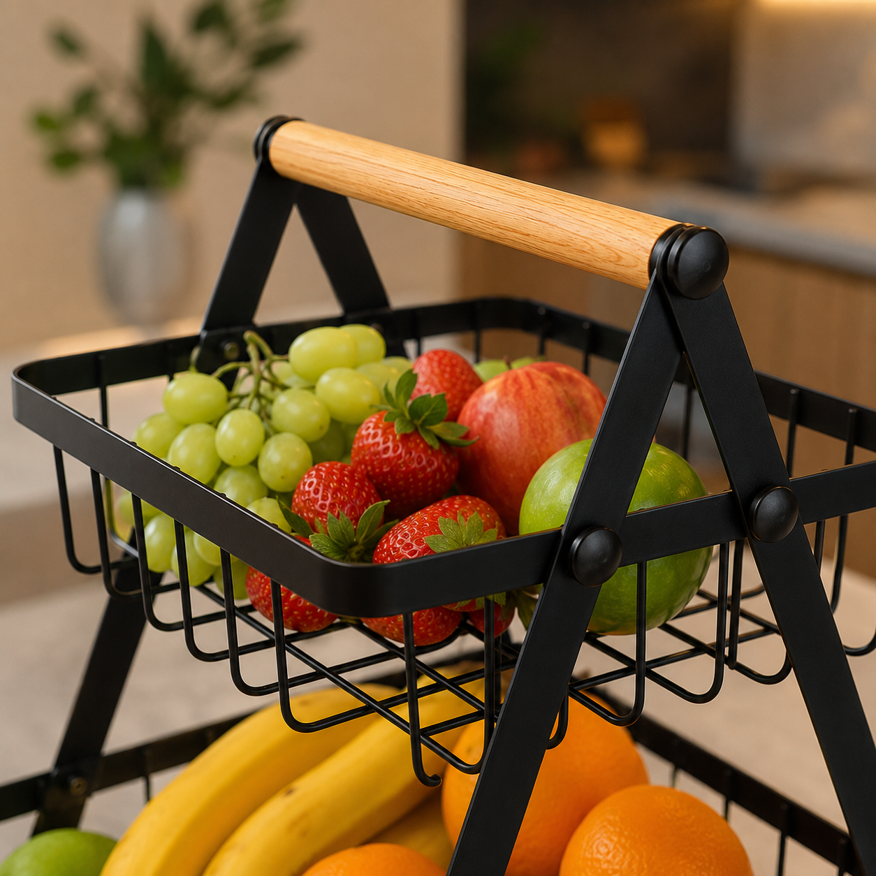 Fruteira de Mesa 3 Andares Metal e Madeira