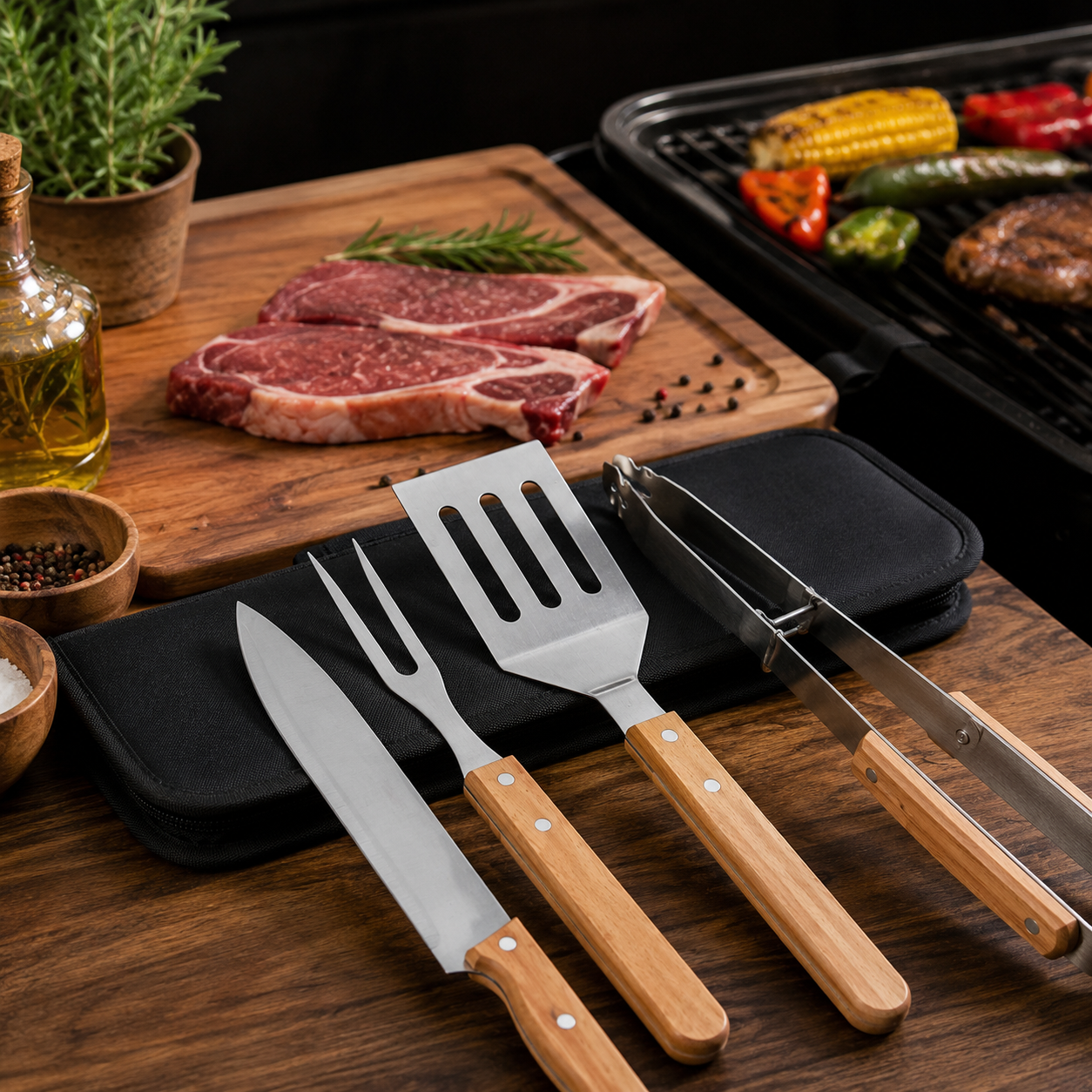 Maleta Churrasco 4 Peças com Facas e Utensílios