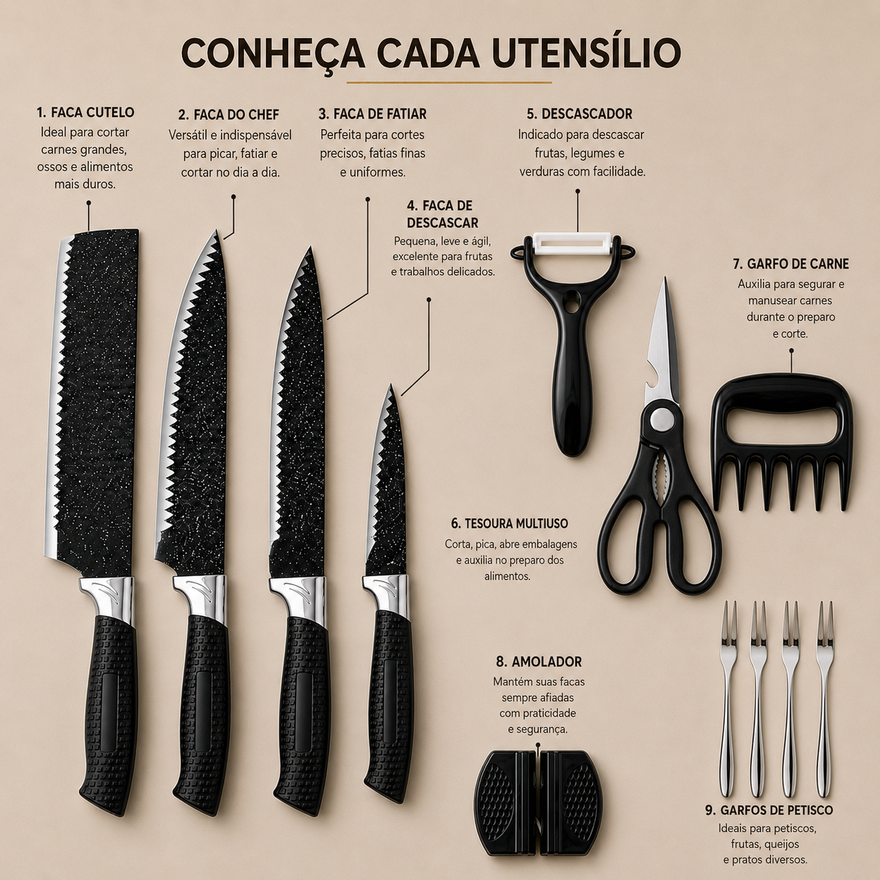 Conjunto de Facas e Utensílios Inox Texturizado 12 Peças
