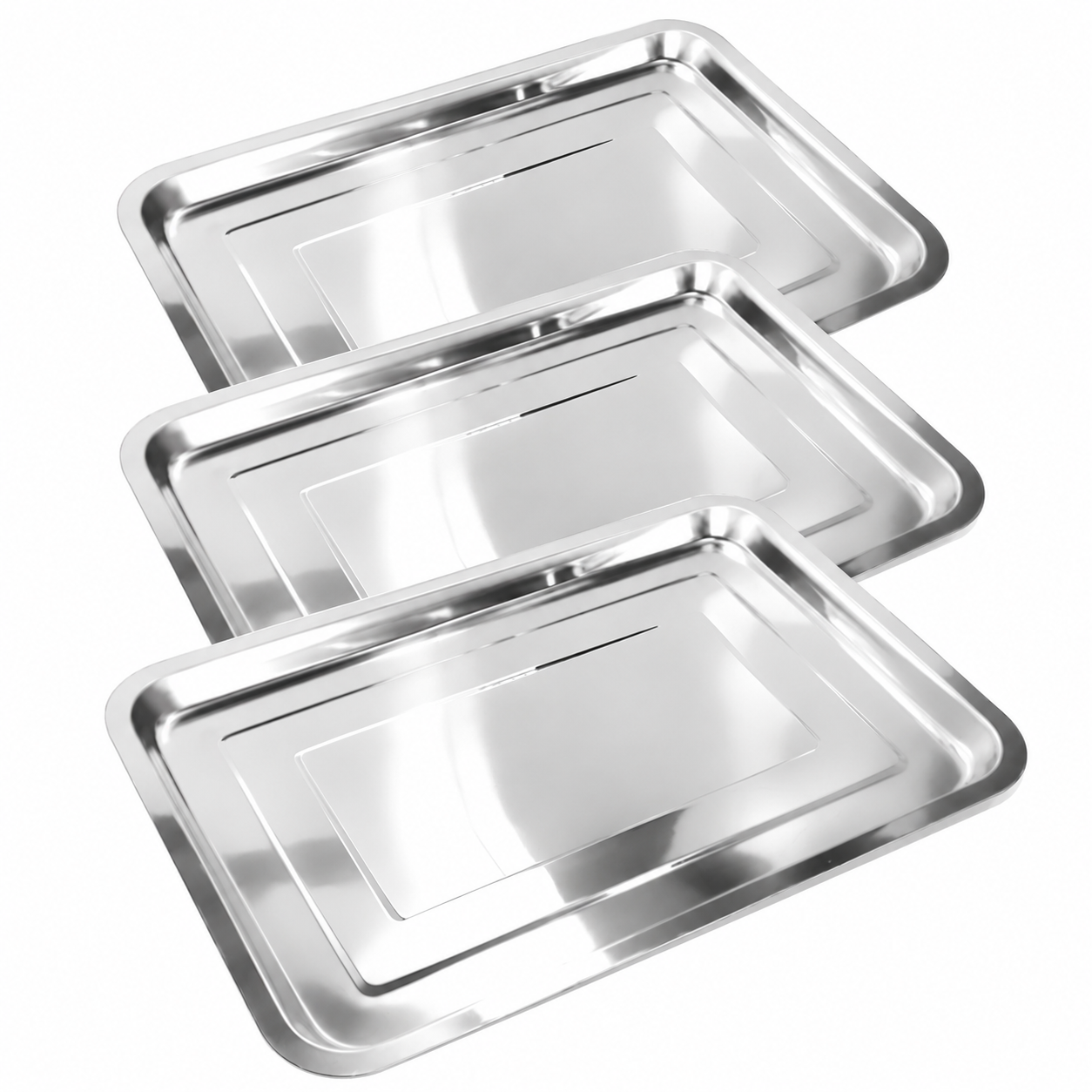 Kit 3 Bandejas Retangulares em Inox para Churrasco e Mesa Posta