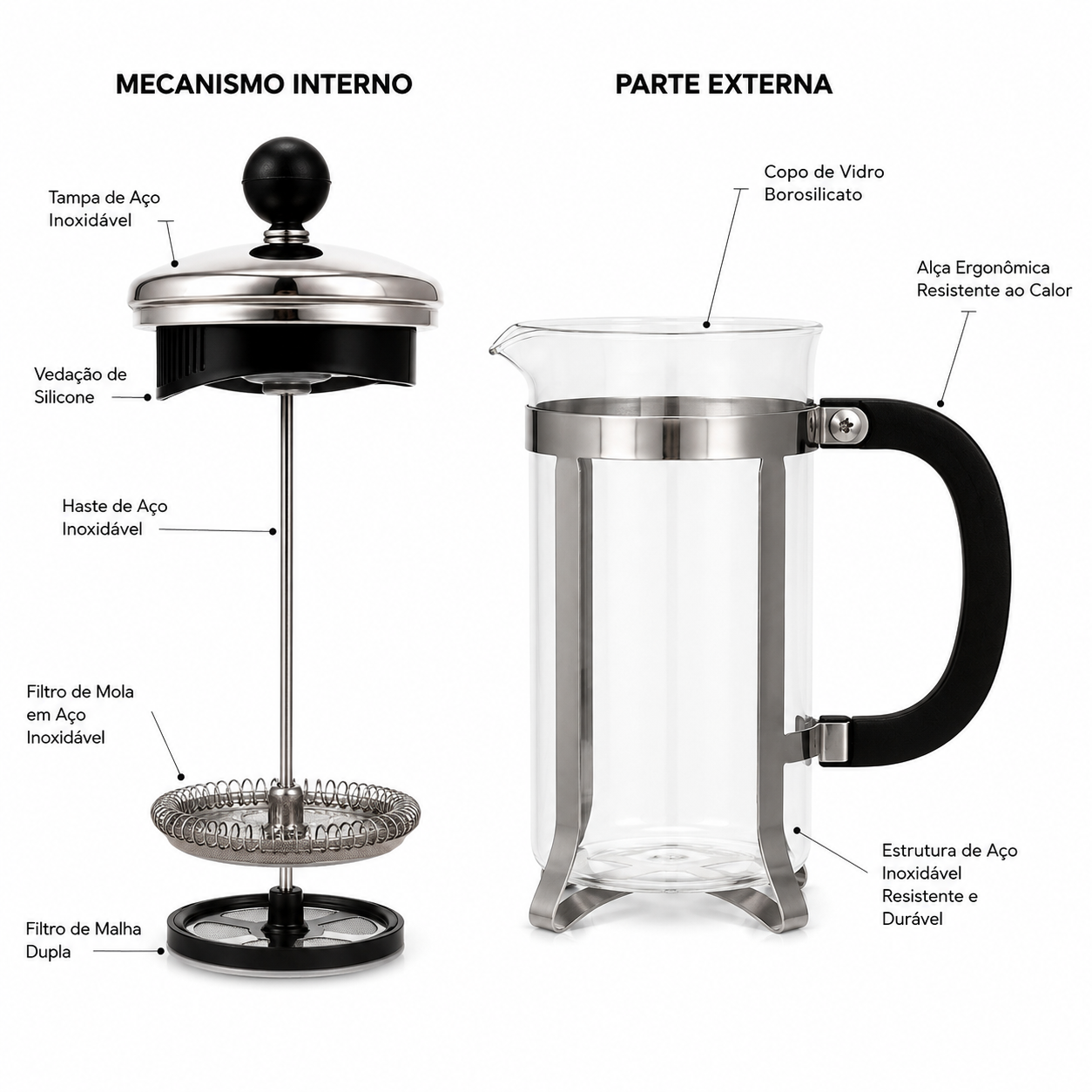 Cafeteira Prensa Francesa Paris em Vidro e Inox