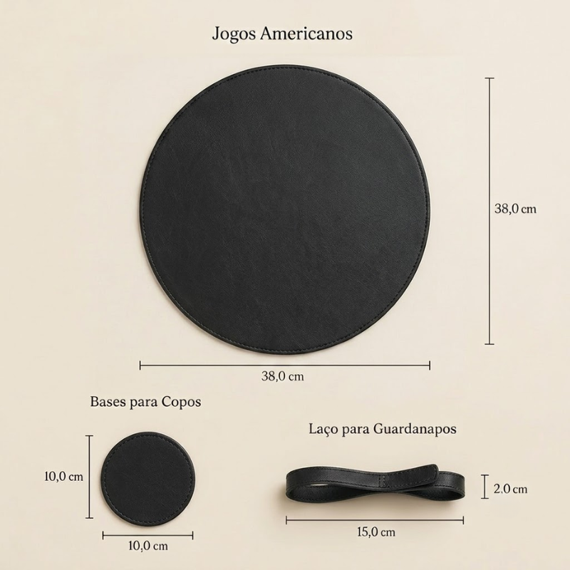 Jogo Americano Contemporâneas Couro PU Redondo Preto