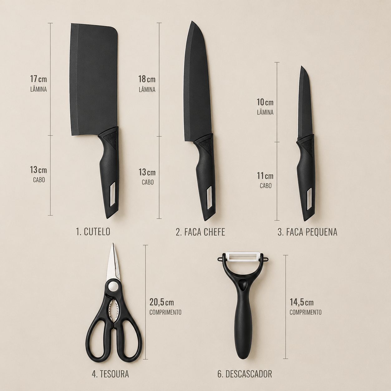 Conjunto de Facas e Utensílios Inox Texturizado 5 Peças