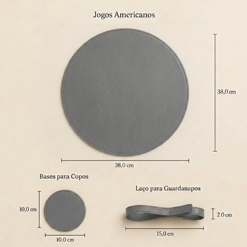 Jogo Americano Contemporâneas Couro PU Redondo Cinza