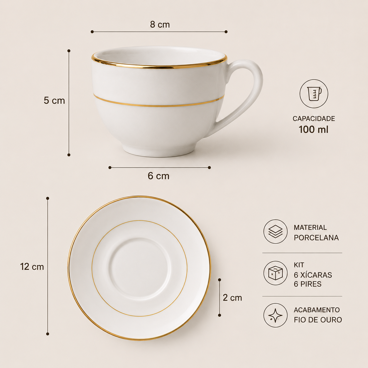 Xícaras de Café Elegance com Fio Dourado