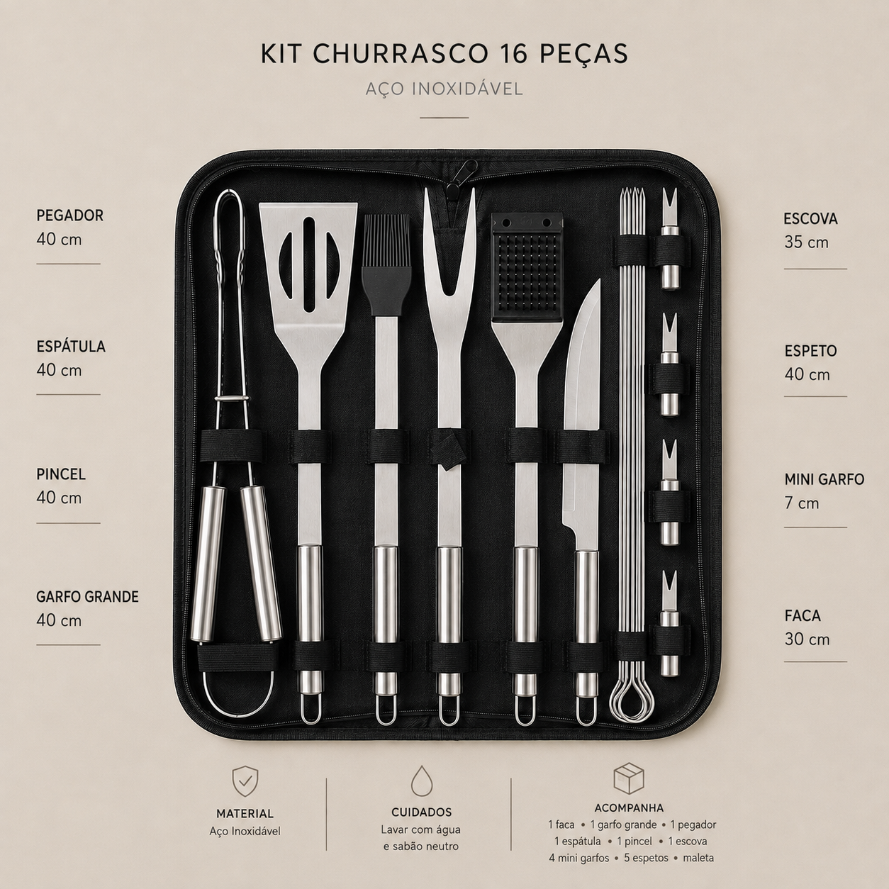 Maleta Churrasco Premium 15 Peças em Inox
