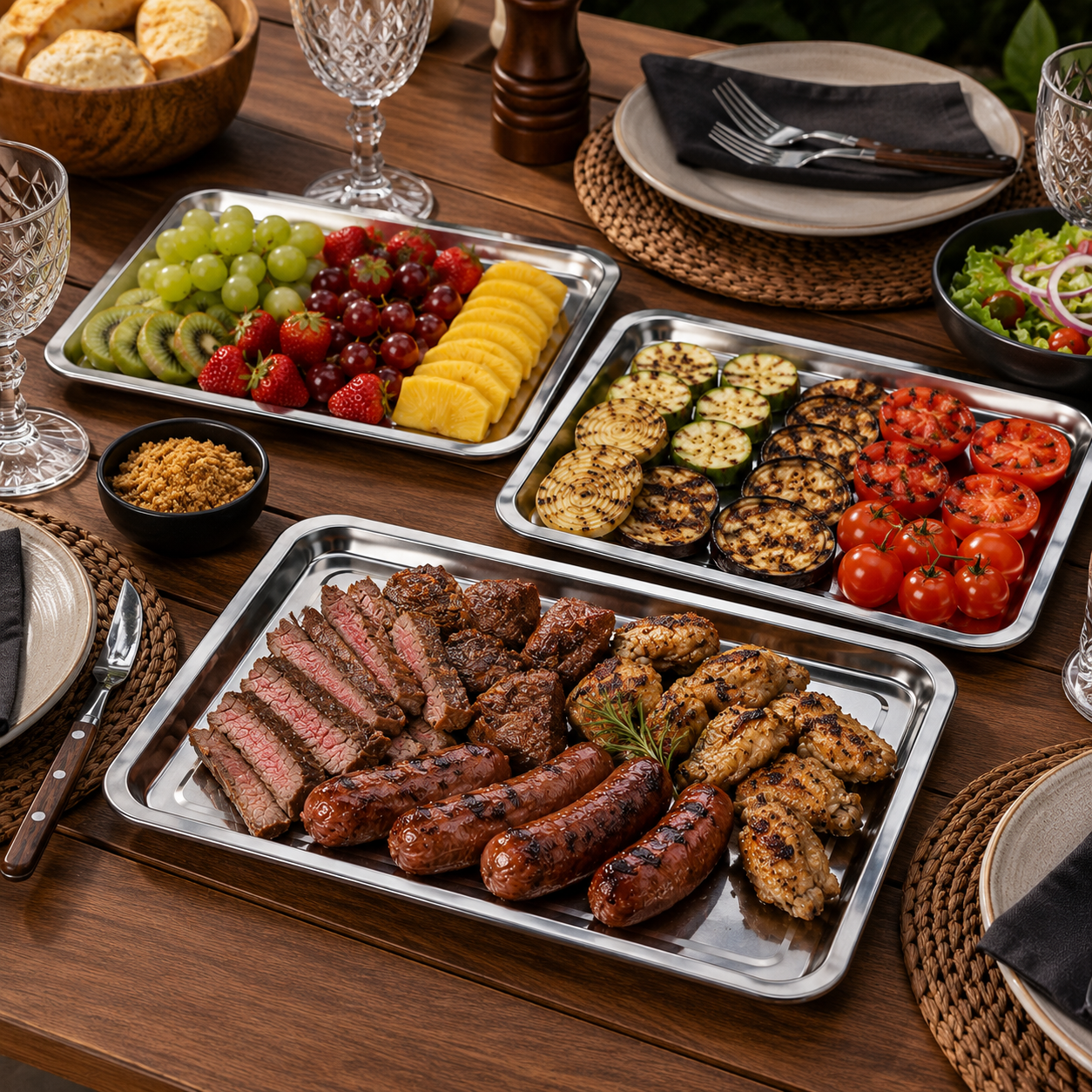 Kit 3 Bandejas Retangulares em Inox para Churrasco e Mesa Posta